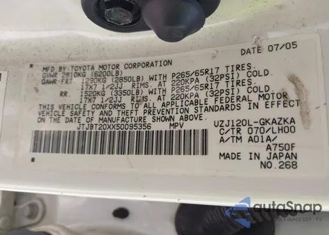 2005 Lexus Gx 470 из США, поврежденный, VIN JTJBT20XX50095356